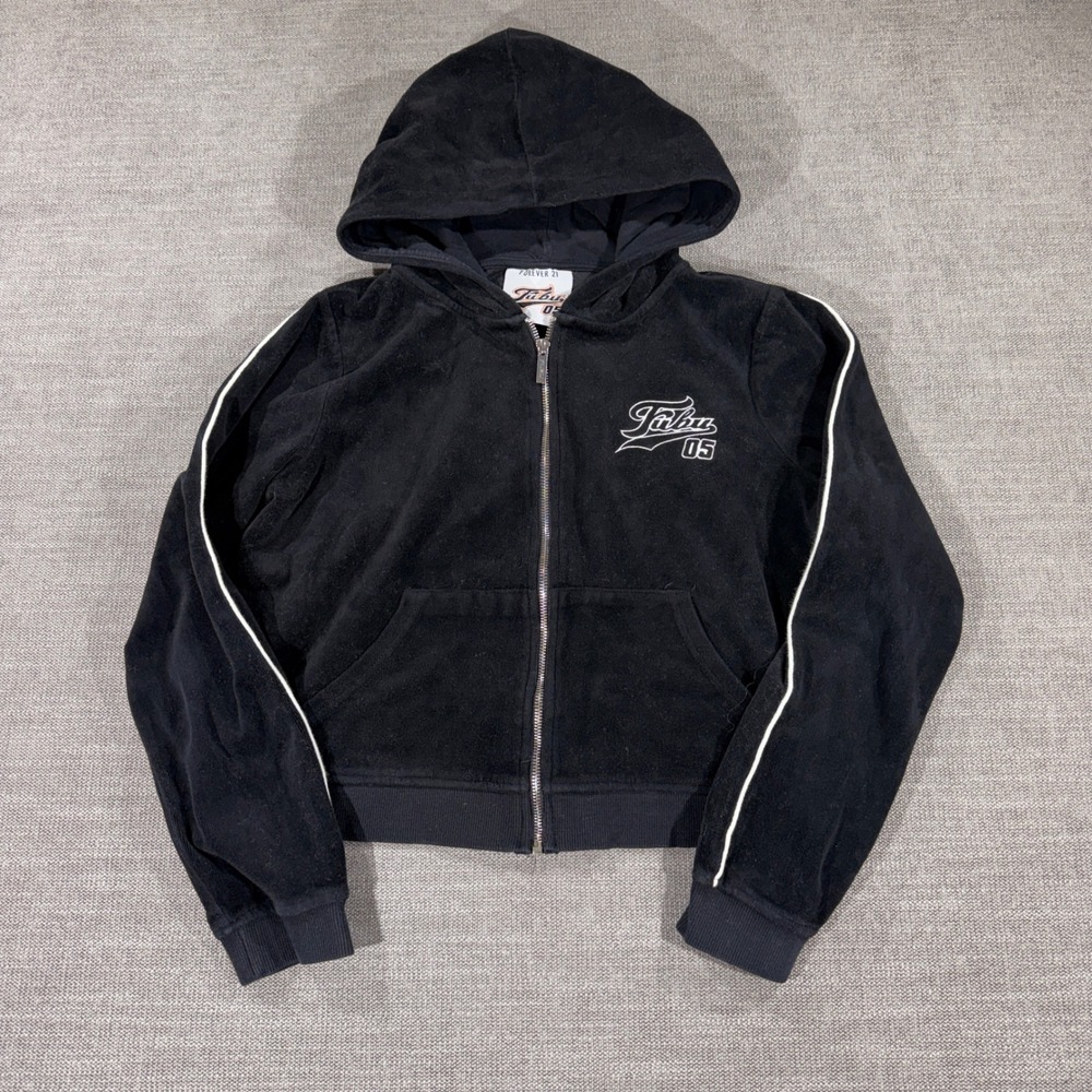 FUBU Forever 21 Hoodie Womens Large Black Excellent Velour Cropped Zip Up 05